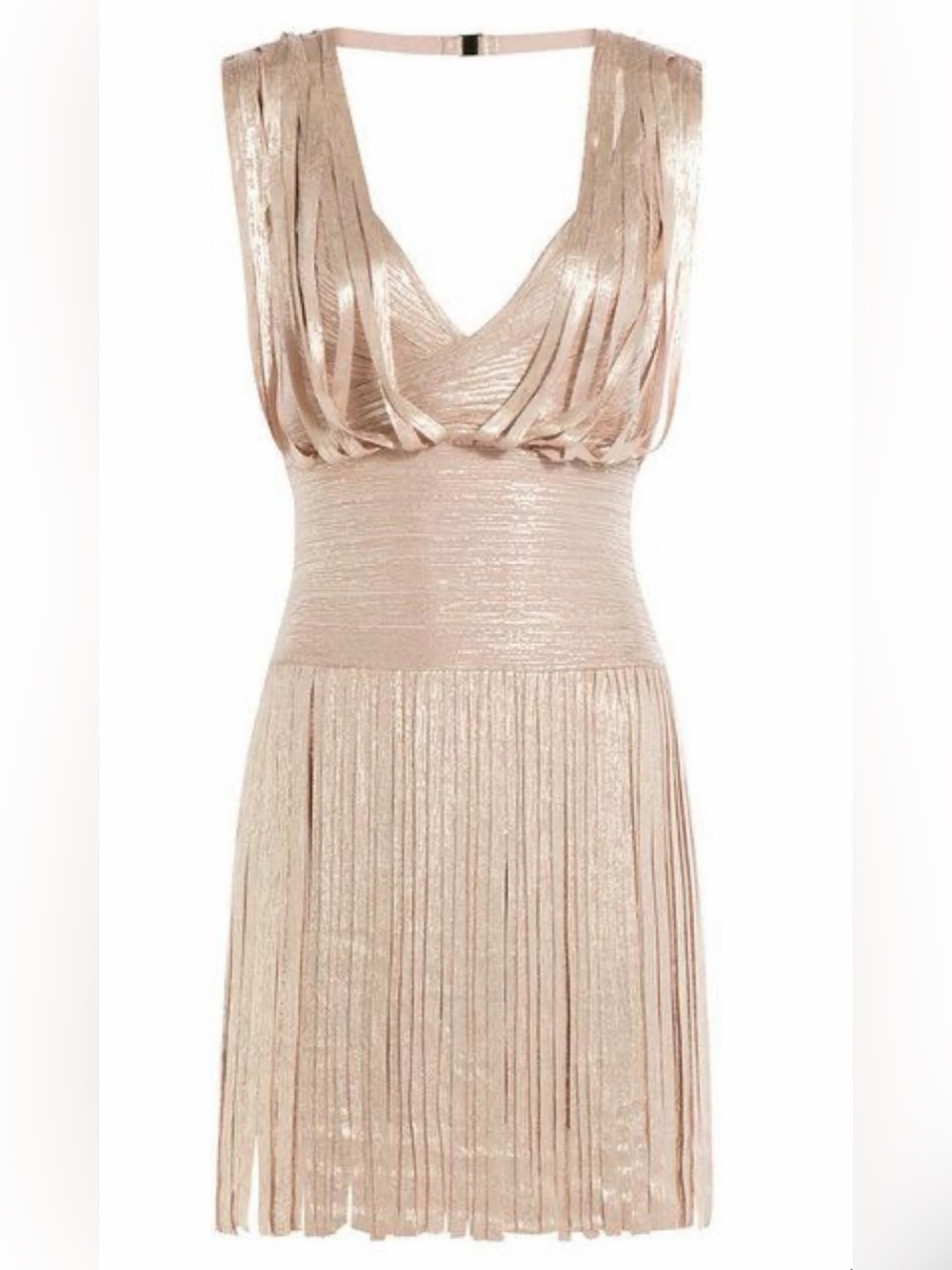 Herve Leger bandage mini dress / fringe detail / rose gold / champagne XS